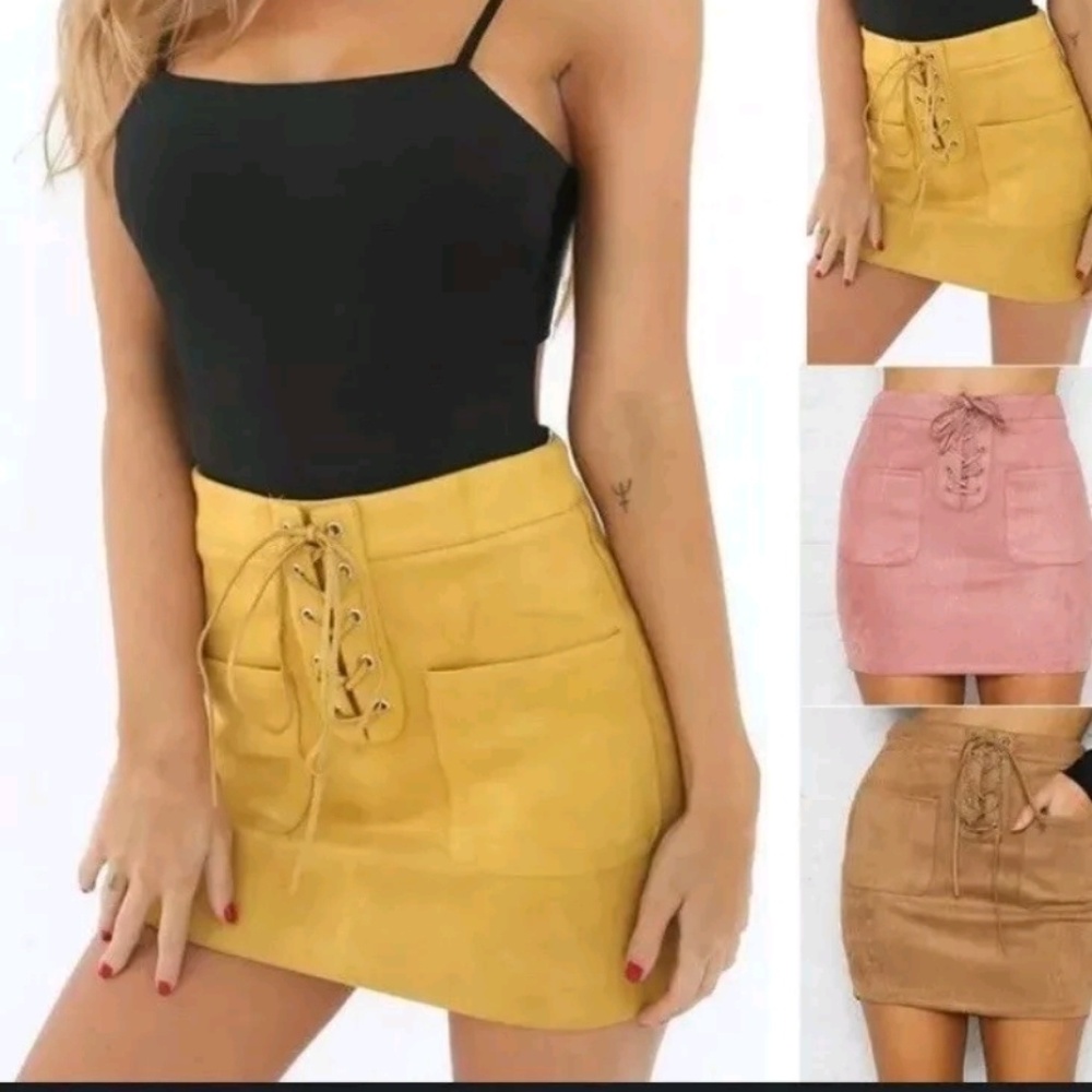 Fashion women leather suede lace Up skirt
